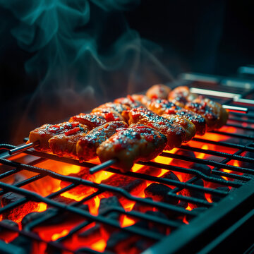 Grilled kebapche cooking over glowing charcoal with smoke