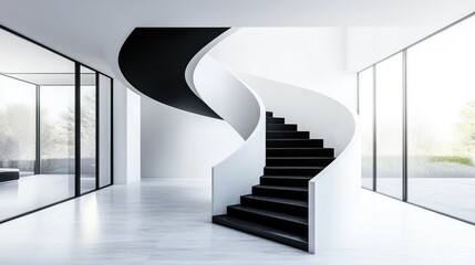 A modern cantilevered staircase with dark wooden steps and a hidden LED strip lighting system, set against a neutral-toned wall.
A minimalist spiral staircase made of smooth concrete, wrapping elegant