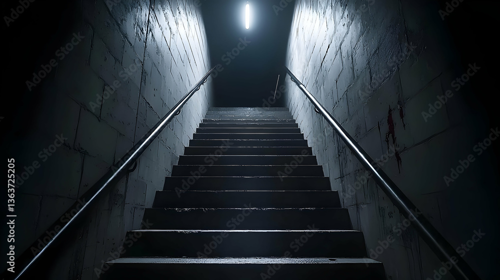 Poster dark staircase ascending to light with concrete wall background and metallic handrails in low angle 