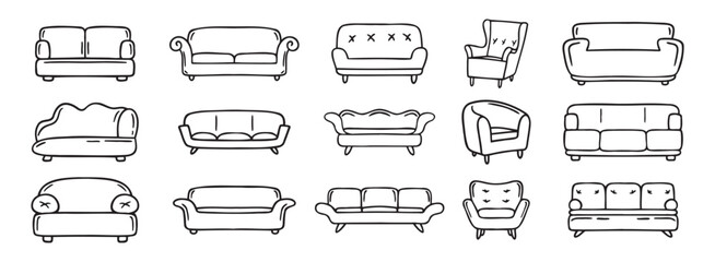 Obraz premium sofa and armchair doodle hand drawn icon set. luxury couch for apartment, comfort sofa models. Outline drawing sofa and armchair line clipart symbol collection