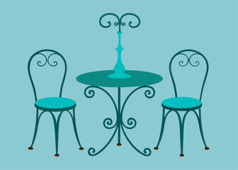 Serene Cafe Ensemble: A whimsical illustration of a charming cafe setup, featuring a round table, two elegant chairs, and a decorative vase, set against a serene teal background.