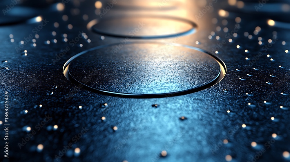 Poster abstract metallic surface with circular designs and subtle lighting effects in a modern presentation
