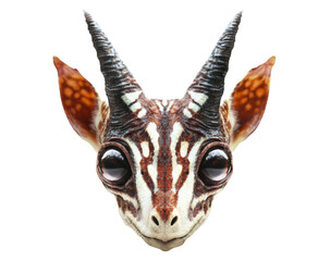 Obraz premium Unique creature with large eyes and distinctive horns in close-up view on Transparent Background