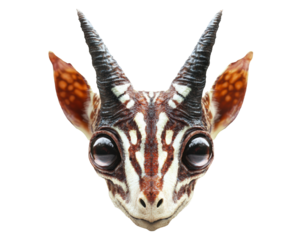 Unique creature with large eyes and distinctive horns in close-up view on Transparent Background