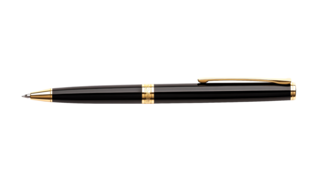 Elegant Black Ballpoint Pen with Gold Trim, cut out transparent
