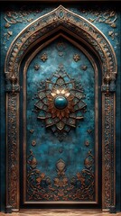 Ornate Teal Door with Floral Carvings, Archway, and a Central Gemstone

