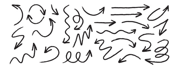 chalk arrow doodle crayon brush line stroke. Sketch pencil texture line scribble arrow icon set. hand drawn grunge brush arrows