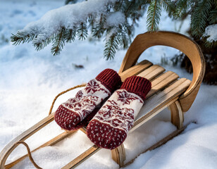 Finnish wool mittens paired with a snowy wooden sled resting under the shade of a frost-covered pine tree.