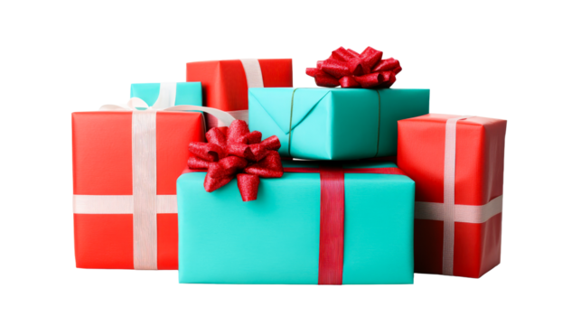 Stack of Christmas gift boxes isolated on black, cut out transparent