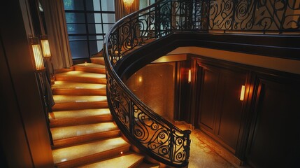 A modern cantilevered staircase with dark wooden steps and a hidden LED strip lighting system, set against a neutral-toned wall.
A minimalist spiral staircase made of smooth concrete, wrapping elegant