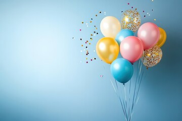 Pastel balloons, confetti, blue background, celebration