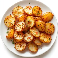 Roasted potato slices on white plate