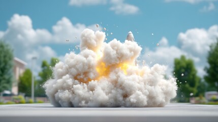 Massive explosion on city street.  A powerful blast creates a huge cloud of white smoke and debris.  The explosion occurs in the middle of a residential area, near houses and trees