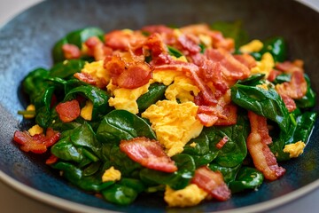 Fresh spinach is mixed with fluffy scrambled eggs and crispy bacon, creating a delicious breakfast dish served in a simple black bowl. A hearty meal perfect for any morning