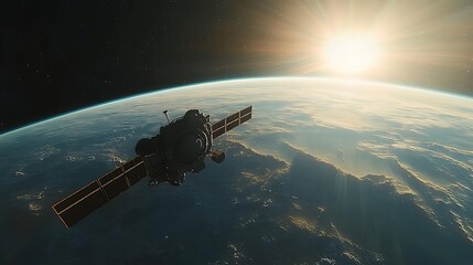 Obraz premium Satellite Orbiting Planet at Sunrise, A satellite orbits a planet with a bright sun in the background