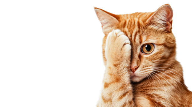 Ginger tabby cat hides face, one eye peeks, cute pet portrait, cut out transparent