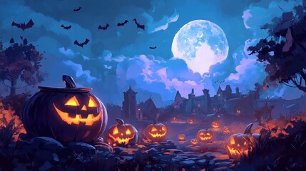 Fototapeta premium Halloween night landscape with pumpkins and castles.