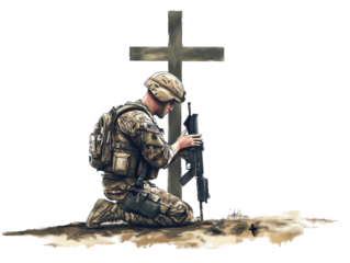 Soldier kneels in remembrance at grave marker during solemn moment on Transparent Background