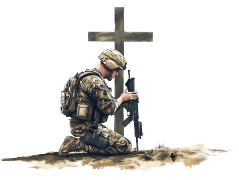 Soldier kneels in remembrance at grave marker during solemn moment on Transparent Background