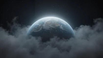 Mysterious planet emerging from fog in dark space, cosmic wonder, planet in a haze