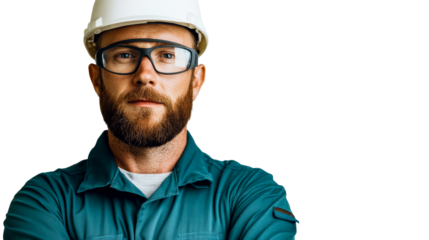 Confident bearded construction worker portrait, cut out transparent