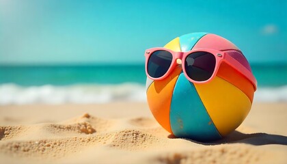 Obraz premium Colorful beach ball with sunglasses on sandy beach, April Fool's Day theme, 1st April, prank day, created with generative ai
