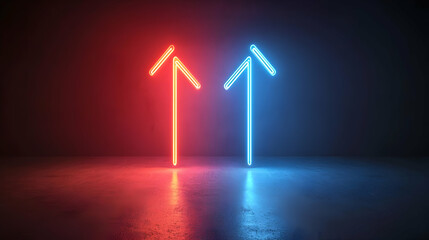 Neon Red And Blue Arrows On Dark Concrete Floor