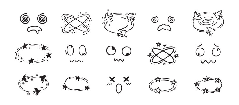 Dizzy effect drawing hand drawn doodle cartoon set. dizzy faces, birds and stars overhead emotions drawing.