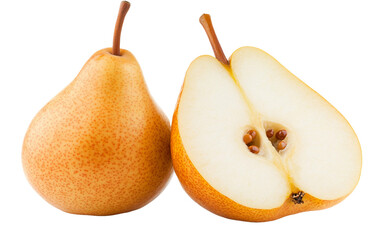 A fresh pear with a slice cut open revealing its juicy and tender white flesh Isolated on transparent background PNG