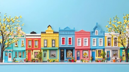Fototapeta premium Miniature colorful houses street scene, spring blossoms