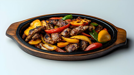 Sizzling Beef Steak With Colorful Bell Peppers And Potato Slices Served On A Rustic Wooden Platter Against A White Background