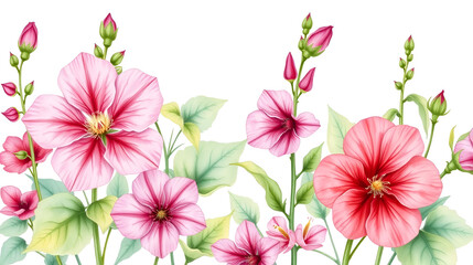Banner of Mallow pink flower (Alcea rosea, malva, hollyhock, Althaea rugosa). Watercolor hand drawn painting floral illustration isolated on white background.