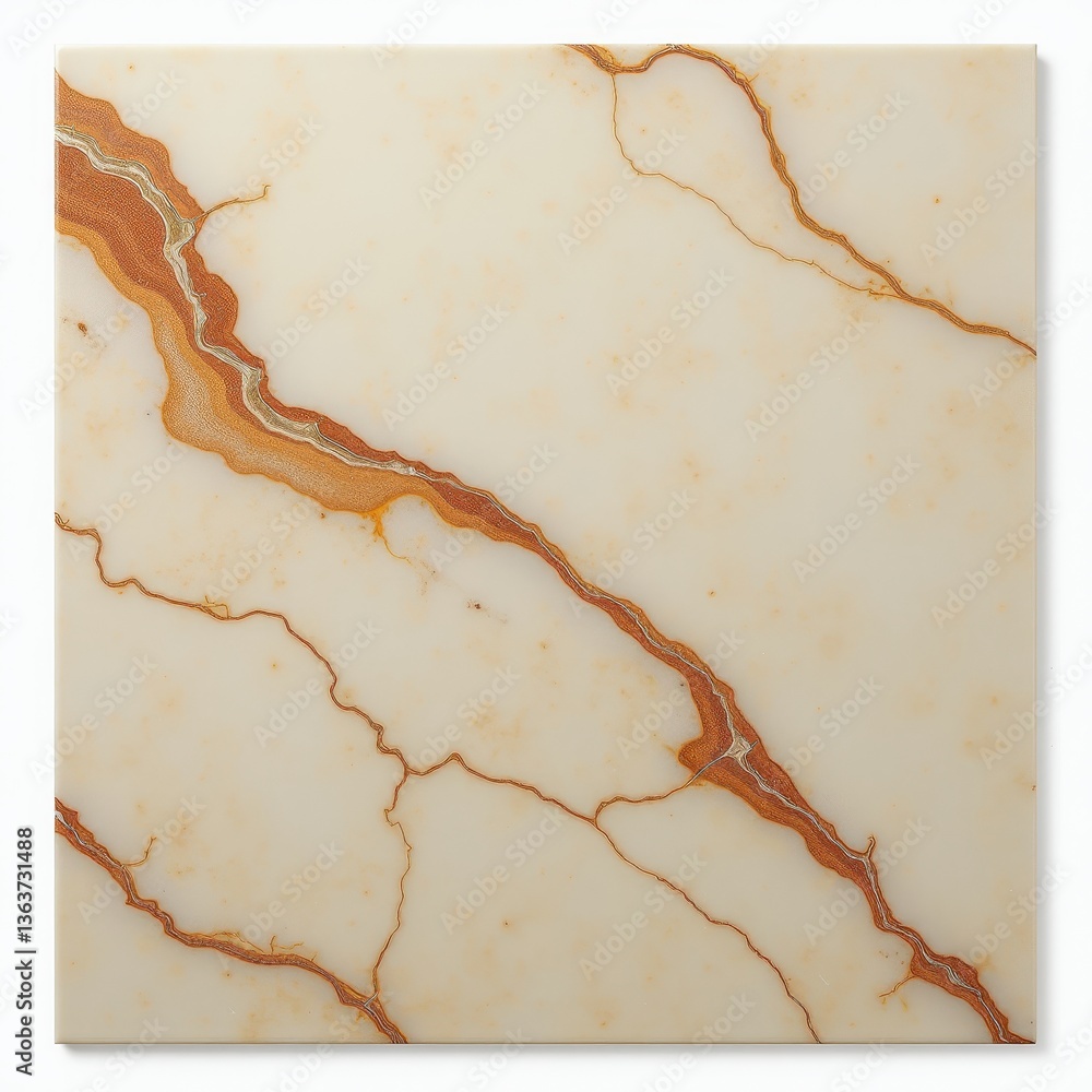 Poster CloseUp of Polished Marble Tile with Orange and Cream Patterns on White Background. A close up of a marble surface with a vein pattern.