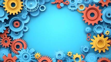 Innovative Paper Gears Frame Design on Blue Background for Engineering Projects