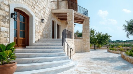 A modern cantilevered staircase with dark wooden steps and a hidden LED strip lighting system, set against a neutral-toned wall.
A minimalist spiral staircase made of smooth concrete, wrapping elegant