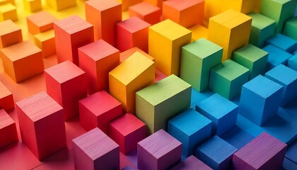 Fototapeta premium Abstract geometric rainbow colors colored 3d wooden square cubes texture wall background banner illustration, textured wood wallpaper background banner for header created with generative ai. 