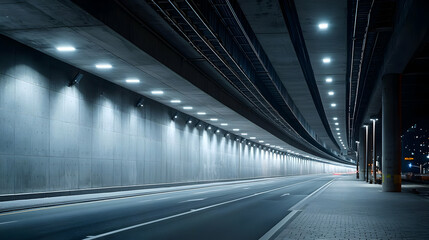 Obraz premium Long Concrete Tunnel Illuminated With Rows Of Lights Over Asphalt Road At Night In Urban Environment