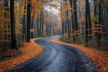Fototapeta premium A winding road meanders through a dense forest filled with trees showcasing vibrant autumn leaves. A light mist adds a serene atmosphere to the scene Generative AI