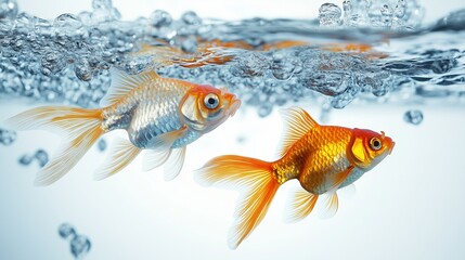 Tranquil Goldfish Swimming in Crystal Clear Water on White Background