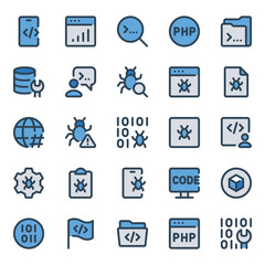 Filled blue outline icons set for Web development, programming.