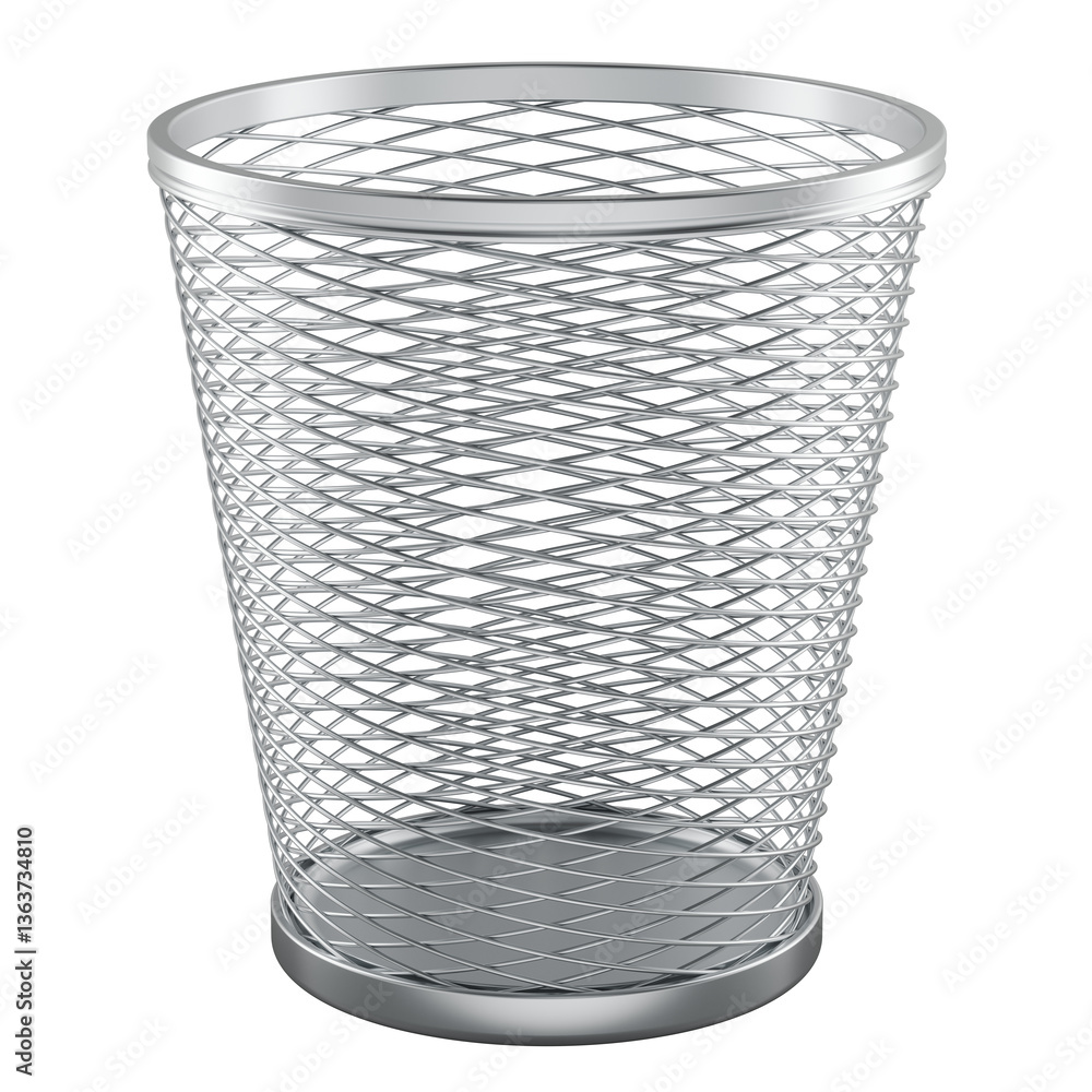 Poster empty waste paper basket from metal mesh, 3d rendering isolated on transparent background