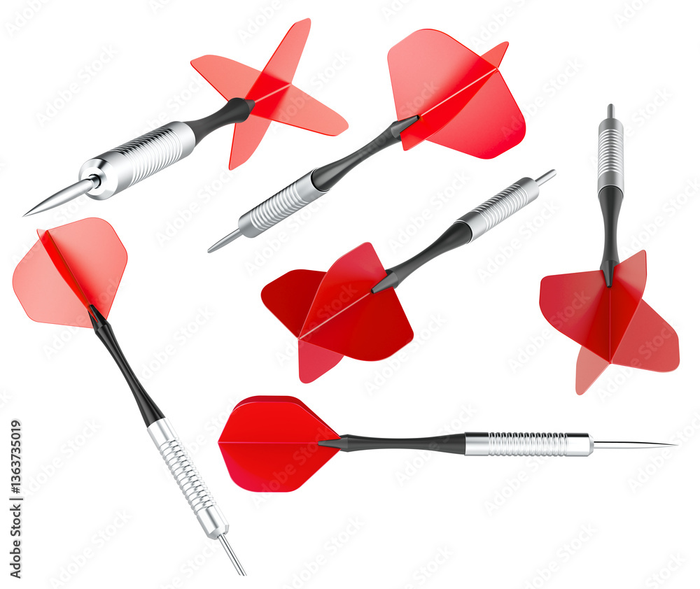 Poster set of red darts, different views and angles. 3d rendering isolated on transparent background