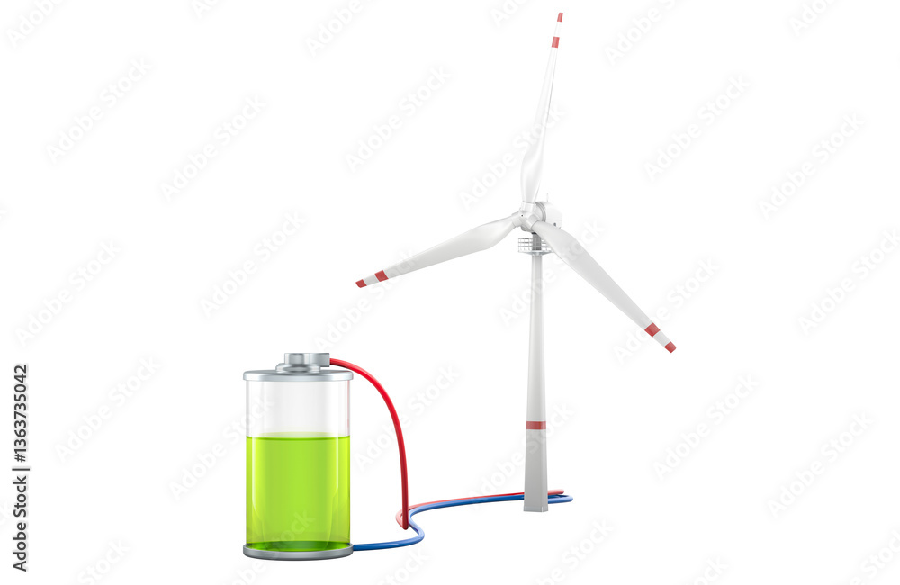 Poster wind turbine charging the battery. 3d rendering isolated on transparent background
