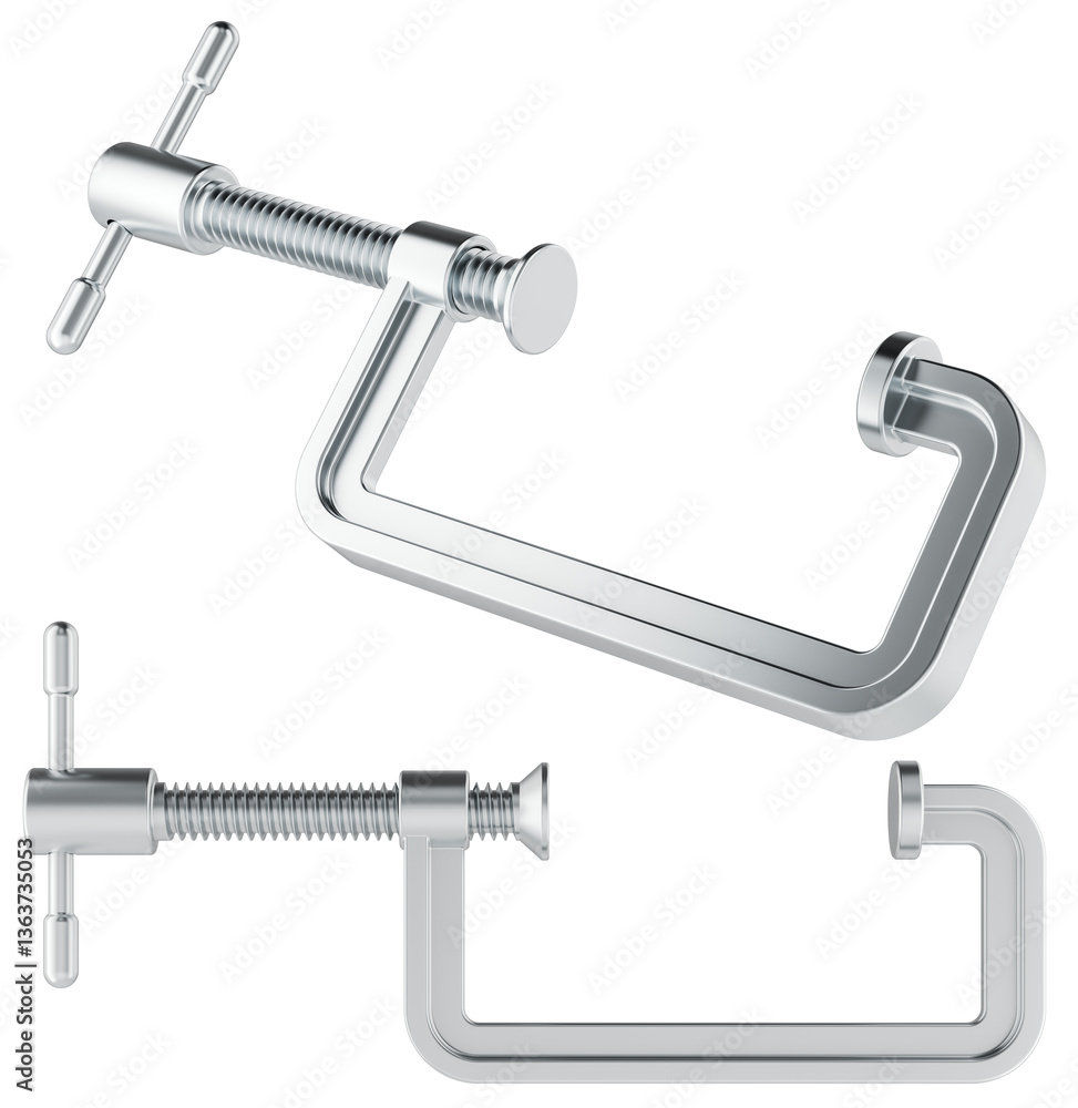 Poster steel c-clamps, different views. 3d rendering isolated on transparent background