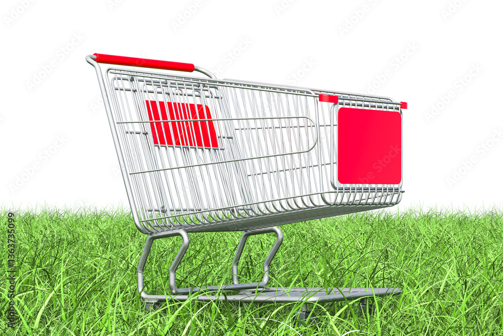 Aufkleber shopping cart on the green grass, 3d rendering isolated on transparent background