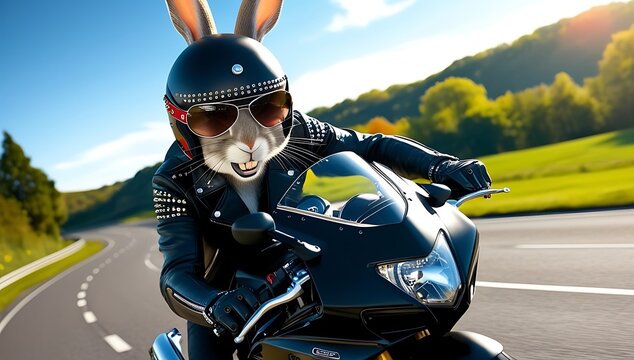 rabbit bunny, with a gleaming white buck tooth and mischievous glint in its bright brown Easter bunny on a motorcycle riding along the road created with generative ai.	