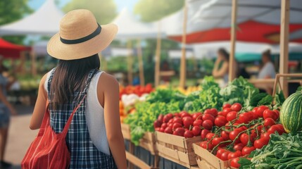 Fototapeta premium A woman with a straw hat surveys the vibrant market produce