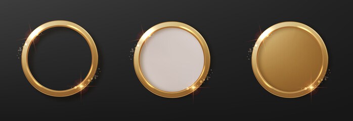 Gold round badge collection. 3d realistic golden blank medals isolated. luxury golden frame. Vector Realistic