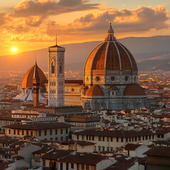 Fototapeta premium Florence Cathedral Sunset Duomo Giotto s Campanile Italian Architecture