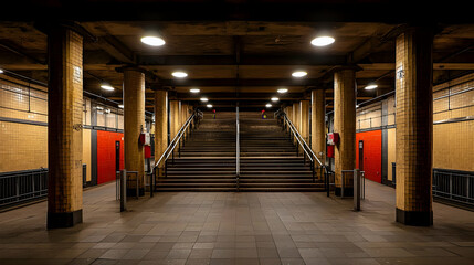 Symmetrical View Of A Tunnel Entrance With Staircase Wooden Columns And Red Details Under Dim Lighting